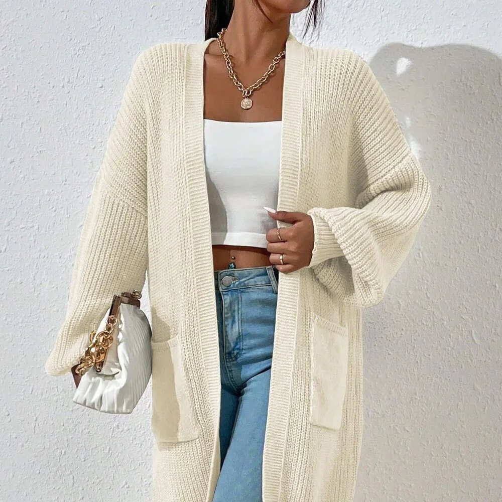 Beige Casual Women's Dual Pocket Drop Shoulder Open Front Cardigan